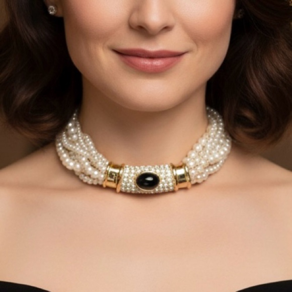 Multi Strand Art Deco Style Faux Pearl & CZ Choker